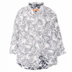 HIDEAWAYS NICOLE ハイダウェイニコル シアサッカー地 シャツ 七分袖 花柄 ボタニカル柄 ワイヤー衿 46 M ネイビー メンズ 【中古】