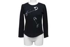 CHRISTIAN DIOR クリスチャンディオール 安全ピン ロンT 長袖Tシャツ ラインストーン ブラック シルバー サイズ10 美品 中古 4b001941