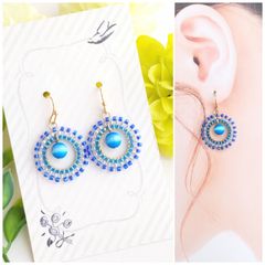 E386 ハンドメイド ビーズステッチ キャッツアイ ブルー ピアス
