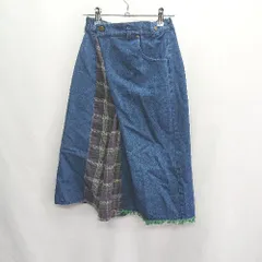 ◇ Θ ScoLar スカラー 腰巻き風 チェック柄 フリンジ装飾 膝丈 タイト スカート サイズM ブルー グリーン系 レディース E  【1409240007722】