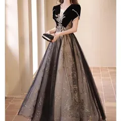 【新品 未使用】2026新作 ブラック ウェディングドレス イブニングドレス - 高級感 ロングドレス 刺繍 Aライン - パーティー 演奏会 発表会 司会 フォーマル キャバ ナイトクラブ ウェディング 二次会 お呼ばれ