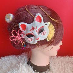 人気☆きつね☆ミニお面☆3点セット☆お祭り髪飾り☆祇園祭☆御神輿☆よさこい髪飾り☆成人式髪飾り☆体育祭☆夏祭り☆お揃いヘア☆組紐☆リボン☆ゴールド☆扇子☆