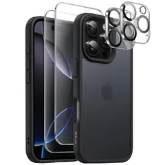 【即日発送】耐衝撃スマホカバー (ブラック) 半透明背面 5枚セット 2枚強化ガラスフィルム+2枚カメラレンズフィルム付き マットケース 6.3インチ用 Pro 16 iPhone 1 in 5 JETech