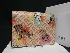 ■極美品■ FURLA フルラ レザー タイガー トラ 虎 二つ折り 財布 ウォレット レディース ピンクベージュ系 FH2825