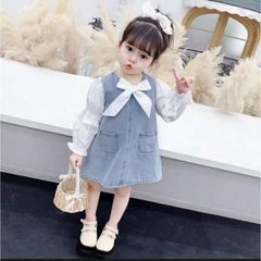 女の子　春秋　ワンピース　デニムステッチ　袖シフォン　110cm 120cm