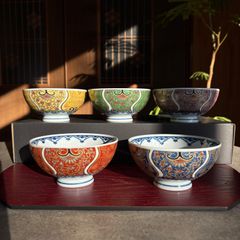 献上古伊万里 茶碗 5色セット 六茶漬 赤 青 緑 黄 紫 飯碗 五客揃 金彩