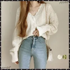 透かしサマーニットカーディガンレディース韓国カーディガン Vネック ニット羽織り長袖 パールボタントップス 春秋夏 きれいめカジュアル レトロカーディガン着やせ体型カバーおしゃれ ドロップショルダー 上品清楚軽アウター