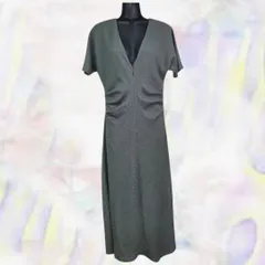 ZARA　ザラ　ワンピース　セージグリーン　レディース　深Vネック　半袖　ロング　リブ　ウエストギャザー　伸縮性あり　Sサイズ