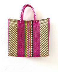 メキシコ製メルカドバッグＳサイズ／フューシャ系カラフルＶ編み