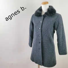 アニエスベー agnes b 9分袖 ファー襟付 ミディ丈 ウールコート ダークグレー S～M