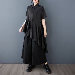 モード系  無地  ハーフスリーブ  モノトーン  個性的なデザイン  アシンメトリー  フリル  ヘムデザインシャツ  短いワンピ