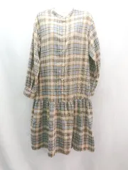 ◇ ehka sopo チェック柄 バンドカラー ティアード カジュアル 長袖 ひざ丈 ワンピース サイズF ベージュ レディース E  【1310050016517】