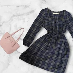 チェック柄 スクエアネックワンピース ウエスト細リボン　【A73】