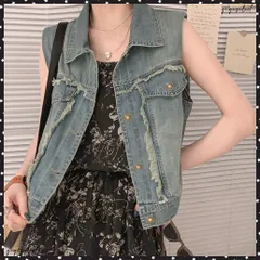 フリンジデニムベスト 襟付き デニムジレ レディース 袖なし レトロGジャン カジュアル ライトアウター ノースリーブデニムジャケット おしゃれ レイヤードベスト デニムチョッキ人気 韓国風 着やせジレ 春夏秋冬ジージャン