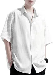 aspersio アスペルシオ ストライプ 襟付き 半袖 シャツ 総柄 快適 軽い トップス オシャレ ストリート メンズ 柄物 速乾性 白黒 上着 仕事 通気性 通勤 学生 通学 ドライ レトロ モード(ホワイト ストライプ,  2XL)