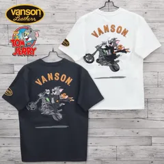 新品 メンズ トムとジェリー VANSON バンソン コラボ 半袖 Tシャツ 半袖Tシャツ ティーシャツ バック 刺繍 胸刺繍 TOM＆JERRY トムジェリ バイク レディース ユニセックス 白 ホワイト 黒 ブラックのサムネイル
