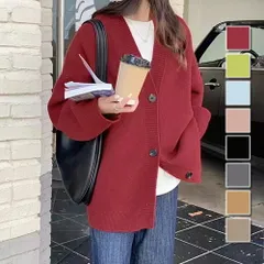 ゆったりニットカーディガン レディース 10代 20代 30代 韓国ファッション 春 秋 冬 カジュアル 可愛い 黒 無地 羽織り トップス シンプルのサムネイル