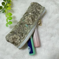 刺繍リボン ポーチ ミニポーチ リップケース ハンドメイド 緑 グリーン 花柄 印鑑ケース