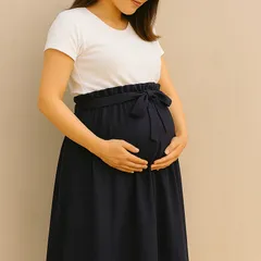 【美シルエット×マタニティー💕】マタニティロングスカート／ミモレ丈スカート／ウエストリボンスカート／Mサイズ／ネイビー／春夏✨