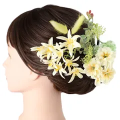 髪飾り 成人式 振袖 花 9点セット 橙 クリーム色 黄色 緑 ミントグリーン リーフ ナチュラルテイスト カスミソウ Uピン 和装 No.12-0892
