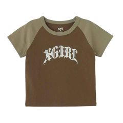 X-girl エックスガール 105252011004 GRADATION GLITTER LOGO S/S RAGLAN BABY TEE ベビーTシャツ BROWN 正規通販 レディース