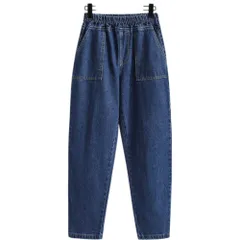 ☆ ネイビー ☆ Mサイズ ☆ デニムパンツ ボトムス ウエストゴム デニムパンツ レディース ウエストゴム ストレートパンツ ロングパンツ 長ズボン ズボン テーパードパンツ デニム ロング レディースパンツ テーパード ゆったり 体型カバー ゴム式 薄手