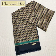 ■極上美品■Christian Dior クリスチャンディオール　ロングストール　シルクマフラー　150×46cm 馬とタッセル飾り　総柄　シルク100%  イタリア製　ネイビー×ゴールドイエロー×ブラウン×ブルー×エメラルドグリーン　レディース