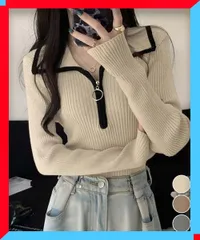 新品 ニットトップス ファスナー付き 無地 長袖トップス セーター秋冬 韓国ファッション
