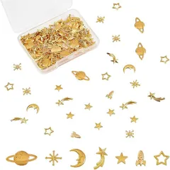OLYCRAFT 112個7種類 スターメタルパーツ スターネイルパーツ 月 宇宙 スターメタルレジン封入 レジンパーツ ネックレス イヤリング ゴールド デコレーション( 宇宙-ゴールド)