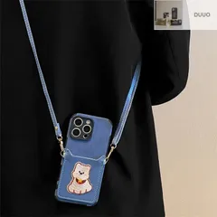 iPhone11-17/Pro/Pro Max 多機種対応 iPhoneケース 保護ケース case デニム風 ウェスティー柄 wallet case / カード収納 着脱ストラップ付き 全面保護 耐衝撃 ソフトケース