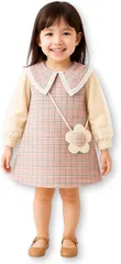 Lezalic キッズ ワンピース ピンク チェック柄 飾り花ポシェット 袖刺繍レース 入園式 フォーマル 発表会 結婚式 誕生日 お出かけ(70cm)