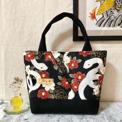 和柄ミニトートバッグ ヘビ柄 蛇と花 ブラック ハンドメイド メンズ レディース ストリート ハンドバッグ