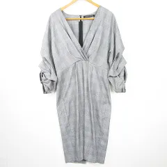 ザラウーマン ZARA WOMAN カシュクール ワンピース ロング丈 ボリュームスリーブ ストレッチ レーヨン L グレー チェック 4437/255 kz11293