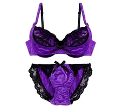 Moca＆Bunny パープル D75 レディース ブラ ブラジャー ショーツ 上下 セット 下着 女性 女性下着 ブラジャーショーツセット ブラショーツセット 3/4 カップ セクシー サテン レース 勝負 厚い 綺麗な 40代女性 [パープル] [D75]