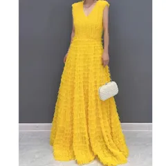 パーティードレス 結婚式 ワンピース ドレス マキシワンピース 大きめ  ロング丈 ロング フォーマルドレス 大きいサイズ ノースリーブ Vネック エレガント イエロー パープル 1288