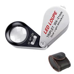 WOVTE 拡大鏡 30倍 折りたたみ式ルーペ 21 mmトリプレットレンズルーペ LEDとUVライト付き30倍ルーペ 宝石鑑定用 携帯式 ジュエリールーペ(30ｘ21mm 倍率)