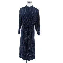 ザラ ベーシック ZARA BASIC シャツワンピース バンドカラー 長袖 レース 切替 ロング丈 ドット柄 M 紺 ネイビー オフホワイト /HO14
