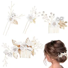 【数量限定】和装髪飾り ヘアアクセサリー ヘアコーム ヘッドドレス パール 花 髪飾り 4点セット 造花飾り 成人式 七五三 披露宴 パーティー 入学式 (White)