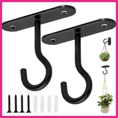 黒 5WYOUKE 天井 フック 吊り下げ金具 J字 吊りフック 耐荷重約15kg 長さ6.4cm 石膏ボード 壁掛け ピンフック 穴が目立たない 照明器具配線 画鋲 賃貸 2個セット ネジ/プラスチック拡張チューブ付き