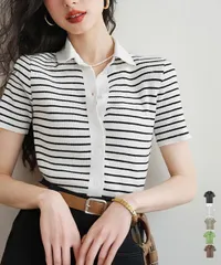 ボーダー柄ニットポロシャツレディース半袖