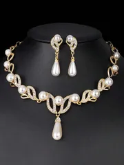 ジュエリー レディース セット ゴールドメッキ真珠ネックレスイヤリングセット、ブライダルウェディングジュエリーセット、真珠スタッドイヤリングとダングルイヤリング、ゴールド、シルバー、真珠色の3色展開