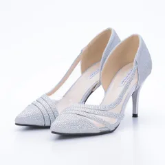 ディアゴナルラインカットパンプス レディース シルバー 8cmヒール ピンヒール ハイヒール グリッター ビジュー ポインテッドトゥ 結婚式 冠婚葬祭 オケージョン 3414