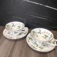 【美品】定価2.2万円 ウェッジウッド WEDGWOOD ワイルドストロベリー ペア ティーカップ カップ&ソーサー 2個セット 刻印 アンティーク 骨董 vintage