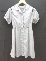 ◇ MAJESTIC LEGON 開襟 肩あき ストライプ 半袖 ミニ シャツ ワンピース Mサイズ グレー スモーキー ブルー レディース E  【1304050043376】