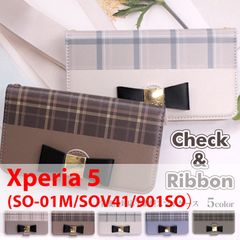 Xperia 5 (SO-01M/SOV41/901SO） スマホケース 手帳型 シンプル スマホスタンド カード収納 チェック柄 ブラウン 淡色 リボン