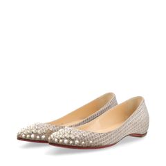 Christian Louboutin クリスチャンルブタン SPIKYSHELL FLAT スパイクスタッズ レザー × ファブリック フラットパンプス レディース 34 1/2 ゴールド イタリア製