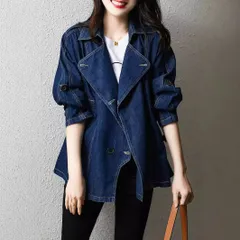 デニム ジャケット レディース 秋 羽織り テーラードジャケット トップス コート 長袖 デニムジャケット ウエスト紐 タック 前開着 ゆったり 無地 大人 オフィス きれいめ こなれ感 春秋 着回し qianxian03