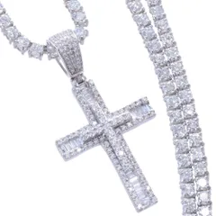 ネックレス メンズ K18WG 18金 ホワイトゴールド ダイヤモンド 12カラット 55cm テニスネックレス クロス 十字架 ペンダントトップ セット 刻印入り 鑑別書付き【アクセサリーマート/メルカリShops店】