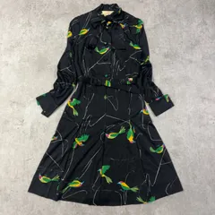 ララニット LALA KNIT ヴィンテージ ワンピース 鳥柄 バード柄　ブラック ボウタイ 共布ベルト 昭和レトロ 70s 80s 日本製 レディース M相当 クラシカル　レトロポップ　ベルト付き