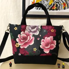 2WAY猫柄ミニトートバッグ 黒猫と牡丹 ブラック 内ポケット&Dカン付き ハンドメイド メンズ レディース ハンドバッグ